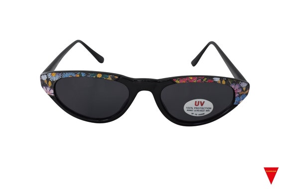 80's Floral Print  Cat Eye Sunglasses Black Frame… - image 2