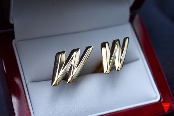 70's "W" Initials Cufflinks, Original Unworn Gold… - image 3