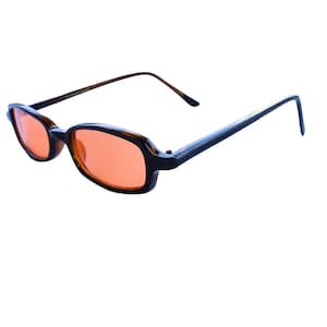 May include: Oval-shaped glasses featuring dark brown tortoiseshell frames and vibrant orange-tinted lenses. The eyewear includes thin, matching brown temples that extend from the sides, providing a classic look with a distinctively colored lens.