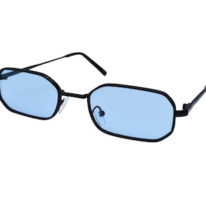 May include: Black framed sunglasses with blue lenses. The frame has a geometric shape.
