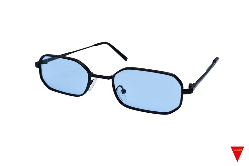 May include: Black framed sunglasses with blue lenses. The frame has a geometric shape.