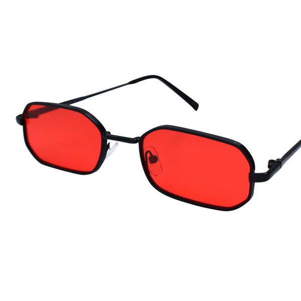 Lunettes de soleil carrées Reg, fines ambiance années 90, or, noir, ambiance, verres en métal, orange, jaune, rouge, verres, femme, homme, unisexe