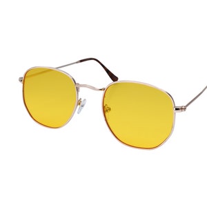 Yellow Sunglasses Round Classic Metal Frame Orange, Pink, Yellow, Red Lenses, Women, Men, Unisex