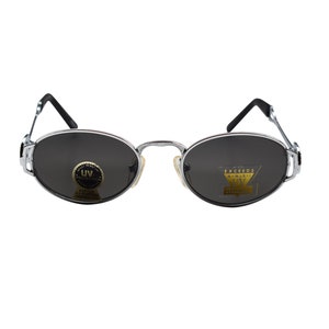 80&#39;s Statement Round Silver Sunglasses with Fancy Sides and Dark Lenses, Unworn Vintage Small Frame Unisex
