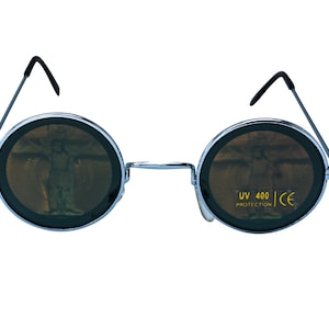 May include: Round, silver-framed sunglasses with dark lenses. The lenses have a UV 400 protection label and a CE mark.