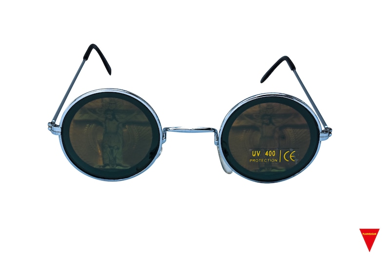 May include: Round, silver-framed sunglasses with dark lenses. The lenses have a UV 400 protection label and a CE mark.