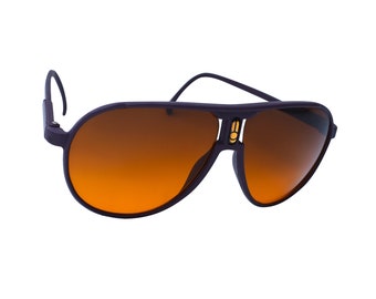 Vintage pilotenzonnebril uit de jaren 80: bronzen montuur, blauwe filterlens