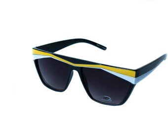 Original 1990's Dead Stock Vintage Sporty Square Sunglasses Yellow, White and Black Color Medium Size Frame