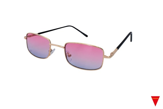 90's Tiny Square Sunglasses Silver Frames Pink Le… - image 3