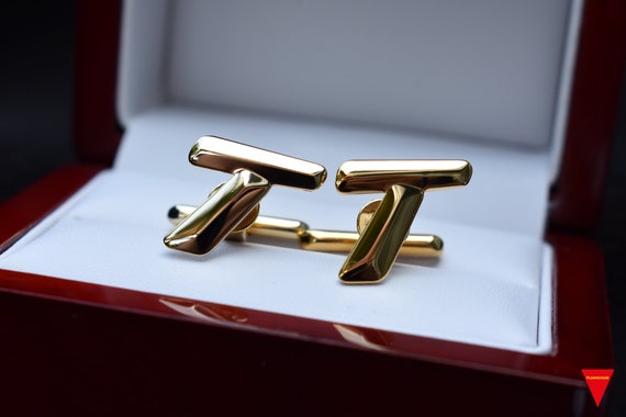 70's "T" Initials Cufflinks, Original Unworn Gold… - image 4