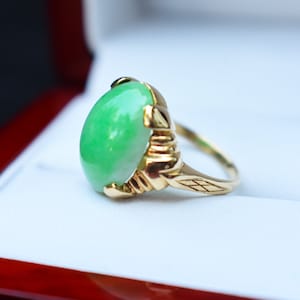 High  Quality AAA 14K Solid Gold Imperial Apple Green Jadeite Jade Ring, 6 Carat Untreated Burmese Jadeite Jade, Ring Size 4 3/4