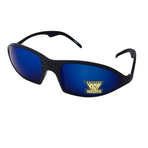 Original 90&#39;s Raptor Wraparound Sunglasses, Black Plastic Glasses & Blue Mirrored Lenses, Sporty Lightweight Glasses, Unworn Vintage