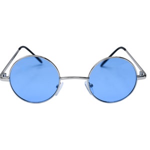 Blue 90&#39;s Round Sunglasses Classic Metal Silver Glasses with Yellow, Red, Blue, Green Lenses, Women, Men, Unisex