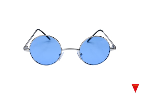 Blue 90's Round Sunglasses Classic Metal Silver G… - image 1