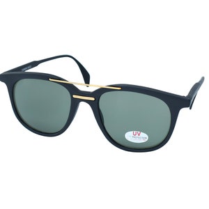 80s Vintage Sunglasses: Black Square Frame with Gold Bar, Green Lens