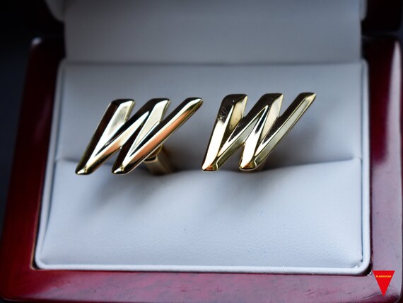 70's "W" Initials Cufflinks, Original Unworn Gold… - image 2