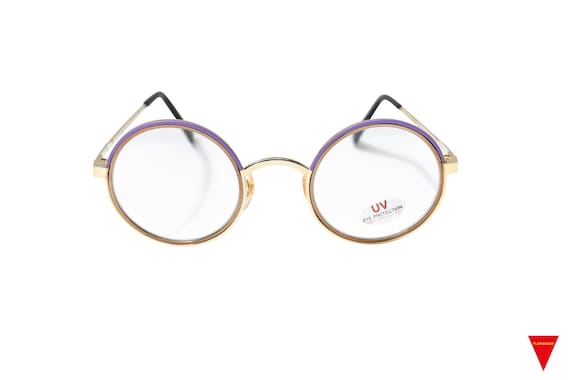 70's Vintage Round Gold Glasses with Purple Accen… - image 2