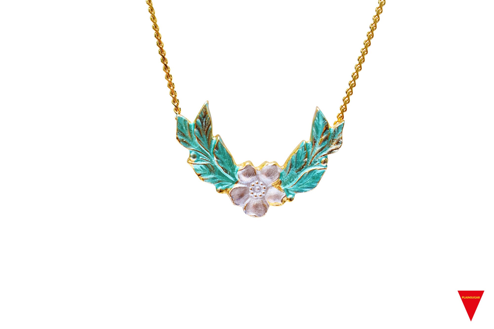 「かわいい～！」 With Pendant Flower Blue Dainty Green Necklace Gold Leafs, その他