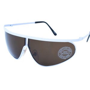 Original 80&#39;s Wraparound Sunglasses, Small White Sports Glasses and Narrow With Dark Brown Lenses,  Original Unworn Vintage