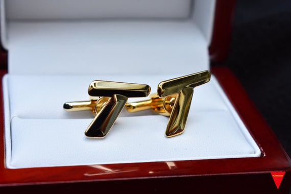 70's "T" Initials Cufflinks, Original Unworn Gold… - image 3