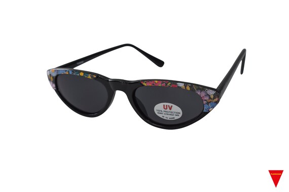 80's Floral Print  Cat Eye Sunglasses Black Frame… - image 1