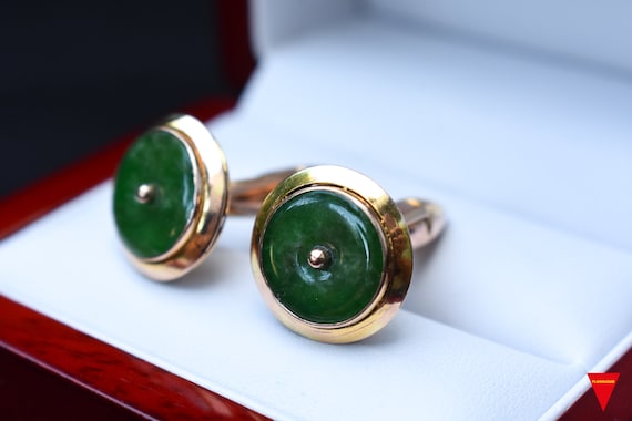 Vintage 10k Yellow Gold Jade Cufflinks - Solid Gold Fine Jewelry
