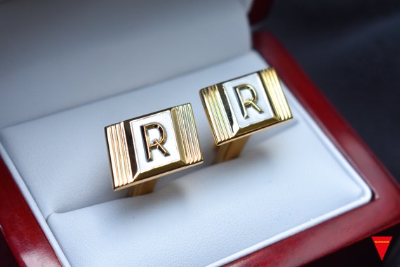 70's Letter "R" Cufflinks, Original Unworn Gold H… - image 1