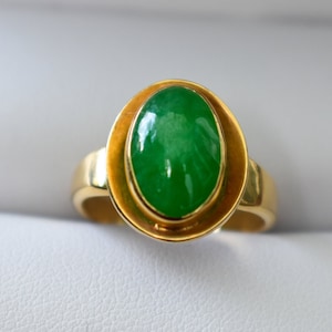 Solid 18k Yellow Gold Jade Ring Translucent Green Grade &quot;A&quot; Imperial Jadeite Jade Ring | Natural Untreated Jade Ring Size 6.25