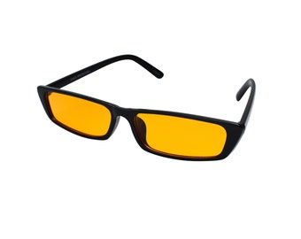 Vintage Inspired Thin Square Sunglasses: Black Frame, Orange Lens