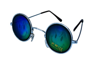 Glückliches Gesicht Sonnenbrille | Vintage Sonnenbrillen | Runde Metall-Sonnenbrille | Hologramm Sonnenbrillen | Glaslinsen | 90er Jahre Original Sonnenbrille |