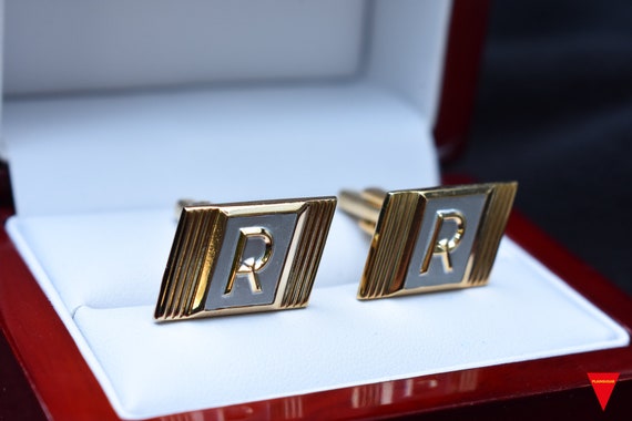 70's Letter "R" Cufflinks, Original Unworn Gold H… - image 3