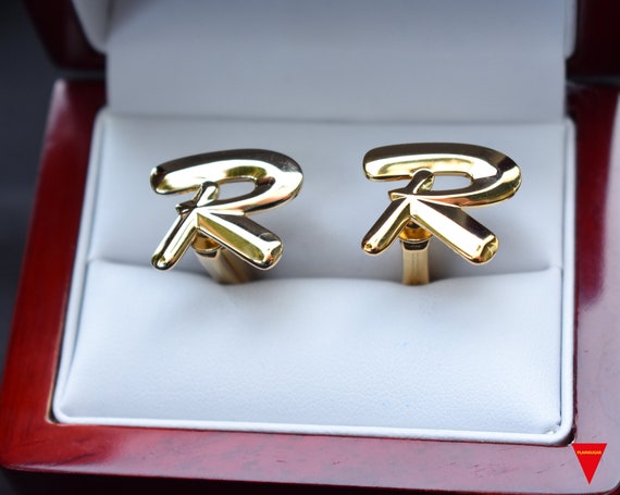 70's "R" Initials Cufflinks, Original Unworn Gold… - image 1