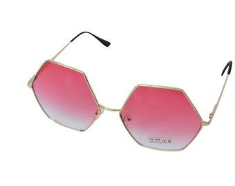 Pink Hexagon Sunglasses For Women & Girls, 90's Gold, Silver Metal XL Oversized Frame with Reddish Pink and Gradient Purple Lenses