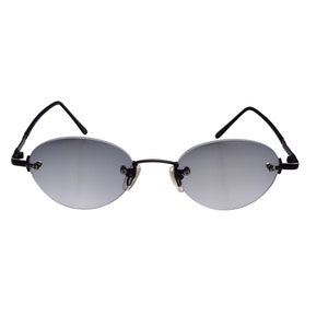 90's Rimless Sunglasses, Black Metal Frame with Oval Gray Lenses Unisex "Librarian" Unworn Original Vintage From 90s