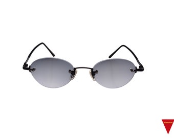90s Vintage Rimless Sunglasses: Black Metal Frame, Oval Gray Lens