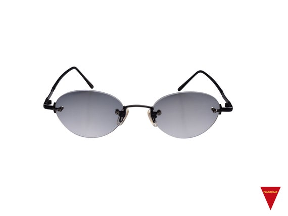 90's Rimless Sunglasses, Black Metal Frame with Oval … - Gem