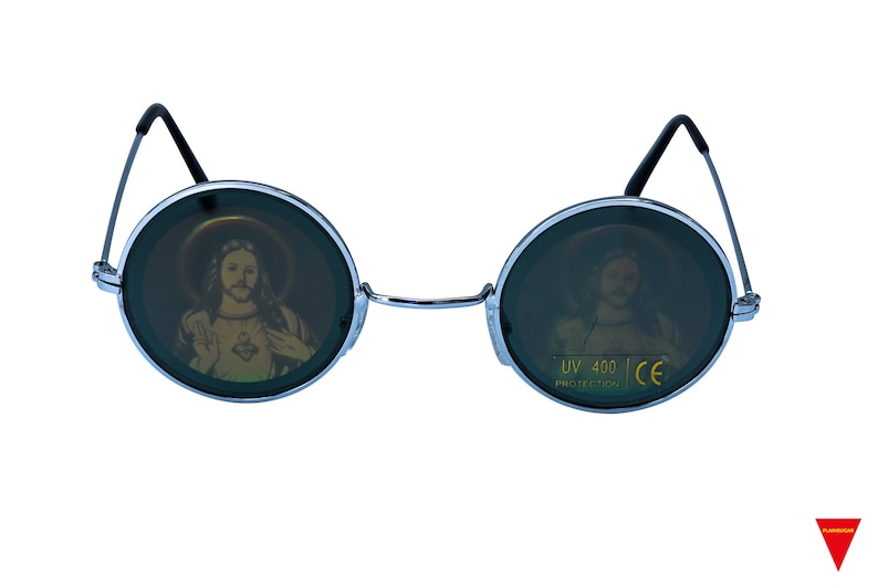May include: Round sunglasses with a silver frame and dark green lenses. The lenses have a picture of Jesus on them. The sunglasses have UV 400 protection and CE certification.