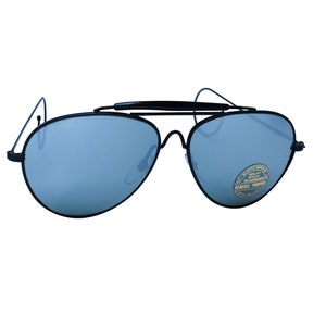 Vintage Black Aviator Sunglasses With Mirrored Glass Lenses and Ear hooks, 1970's Unworn Original Glasses with Top Bar