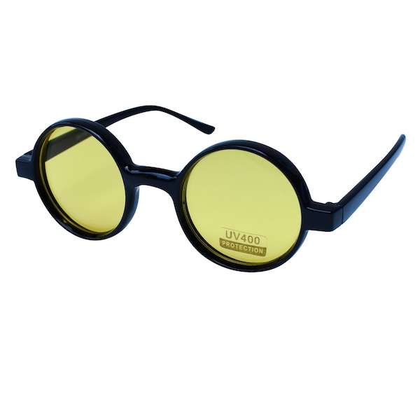Round John Lennon Sunglasses 90's Frames, Black Frame Yellow Lenses Unworn 90's vintage