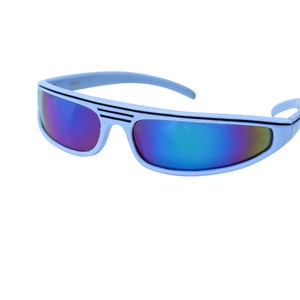 Rare 80&#39;s Wraparound Sunglasses, White Medium Size Thick Plastic Quality Glasses, Blue Mirrored  Lenses  Original Unworn Vintage
