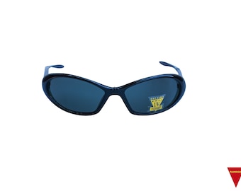 Vintage 80s Sunglasses: Black Wraparound Frame, Dark Lenses