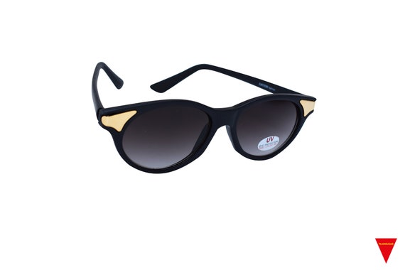 80's Black Cateye Sunglasses with Gold Ends Thin … - image 3