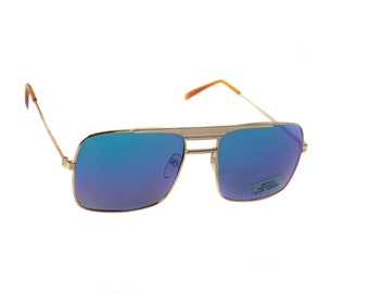 70s Large Square Gold Aviators with Blue Mirrored Lenses