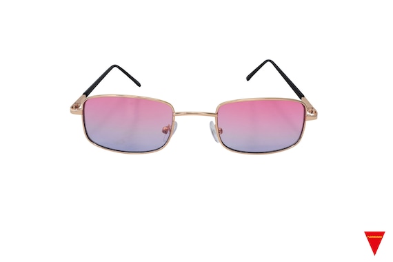 90's Tiny Square Sunglasses Silver Frames Pink Le… - image 2