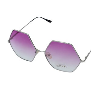 90&#39;s Hexagon Sunglasses For Women & Girls, Gold, Silver Metal XL Oversized Frame with Reddish Pink and Gradient Purple Lenses