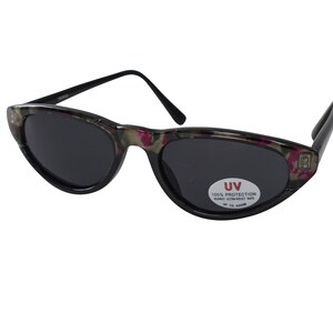 Vintage Sunglasses 80&#39;s Cat Eye Glossy Black Plastic Sunglasses with Dark Lenses Small Frame with Floral Patterns
