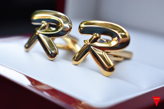 70's "R" Initials Cufflinks, Original Unworn Gold… - image 3