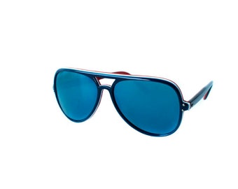 Vintage Sunglasses, 70 Aviator Pilot Frame Blue White & Red, with Blue Mirrored Lenses Bruce Lee Style, Japan