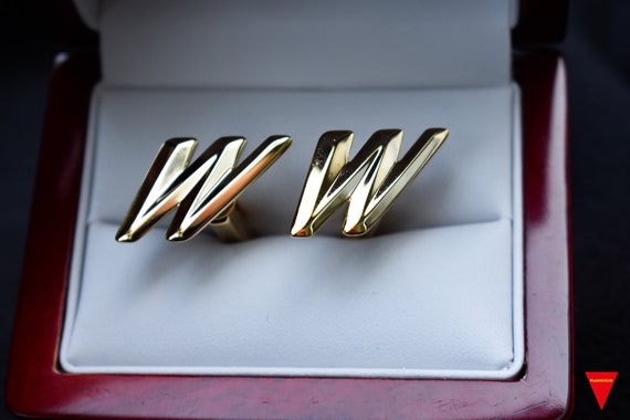 70's "W" Initials Cufflinks, Original Unworn Gold… - image 4