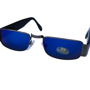 80&#39;s Square Metal Sunglasses Silver Metal Frame with  Blue Mirrored Lenses Unworn Original Vintage